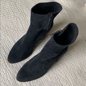 Navy suede booties, almond toe. Splendid. 7.5.